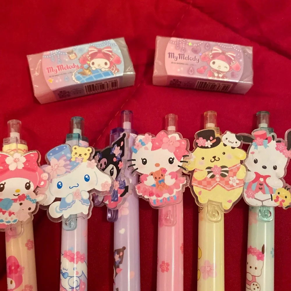Sanrio pencil case 6 pens and 2 erasers bundle set 💕